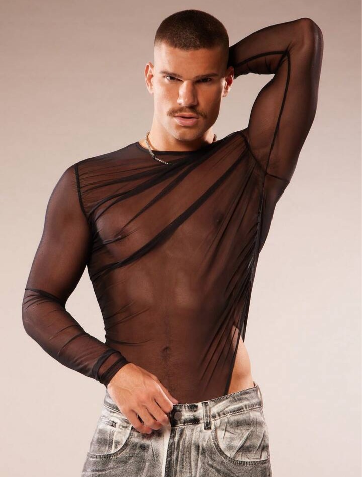 Men's Solid Color Mesh Round Neck Long Sleeve Jumpsuit See Through Top Men